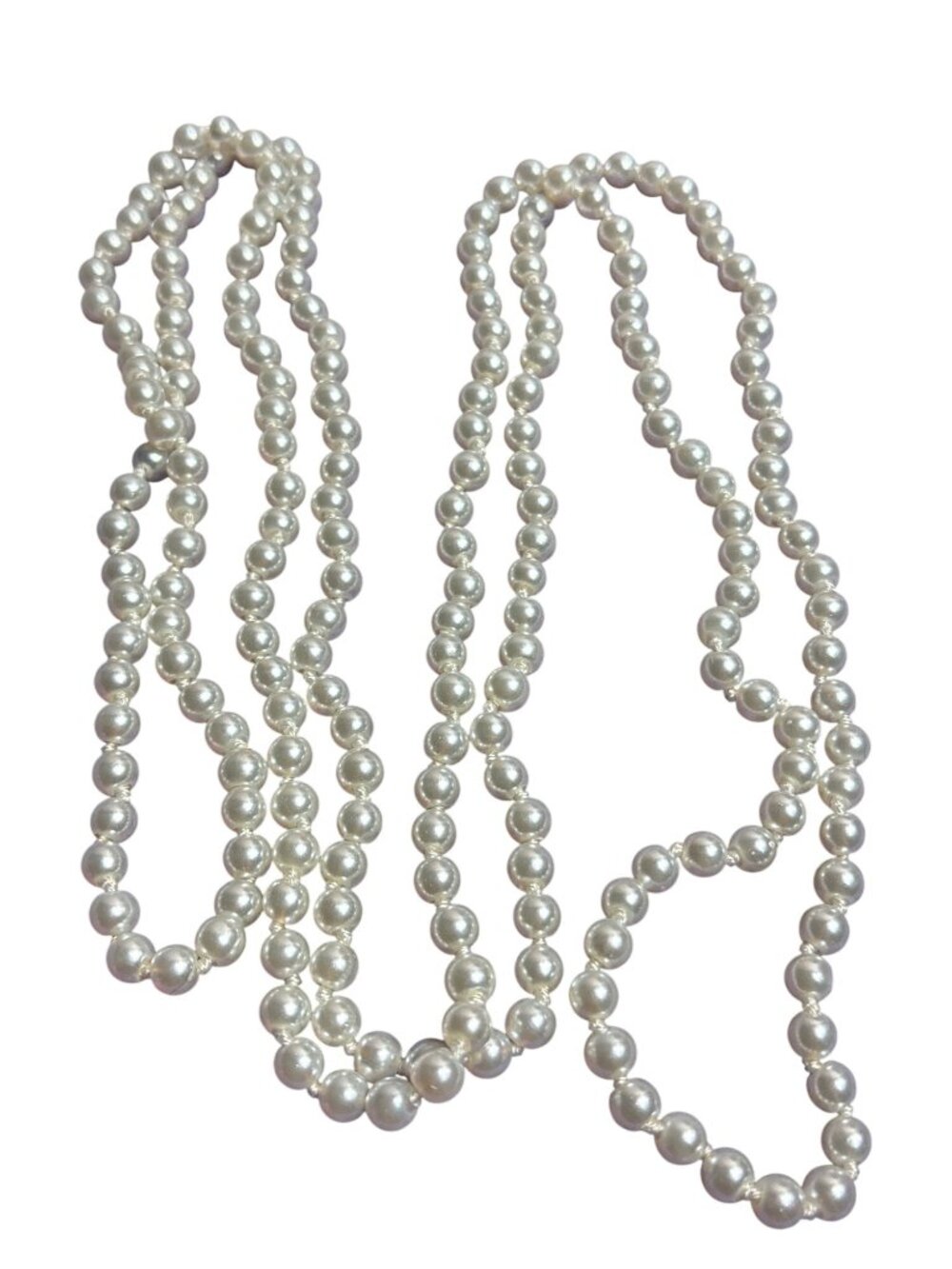 Vintage Knotted Glass Faux Pearl Necklace Rope Length 60 inches Long